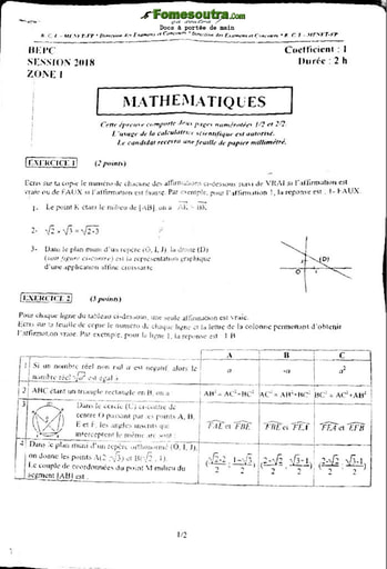 Sujet corrigé et barème de Mathématique BEPC 2018 zone 1