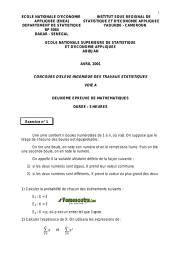 Sujet 2ème épreuve de maths ITS A 2001 (ENSEA - ENSAE - ISSEA)