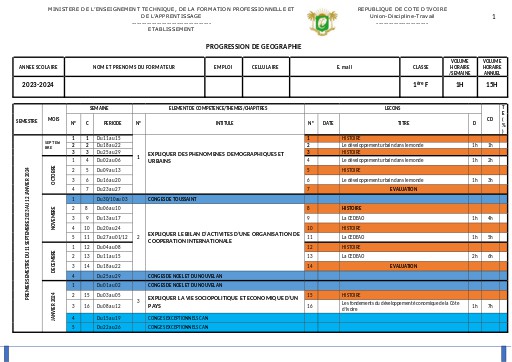PROGRESSION 2023 2024 GEOGRAPHIE 1ère F