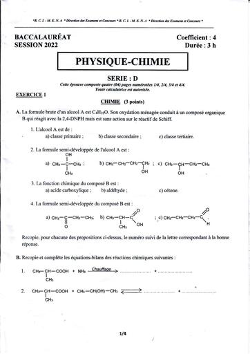 SUJET ET CORRECTION PHYSIQUE-CHIMIE BAC D 2022