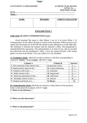 ENGLISH TEST 5ième UNIT 1 LM 1 de YAKRO 2026 by TEHUA