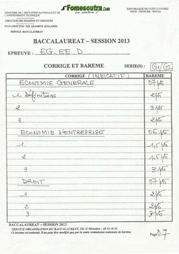 Corrigé d'Economie Générale - d'Economie Entreprise - de Droit BAC G1 et G2 2013