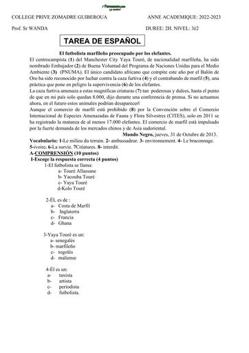 DEVOIR D'ESPAGNOL Niveau 3ième Collège PRIVE ZOMADRE GUIBEROUA by TEHUA