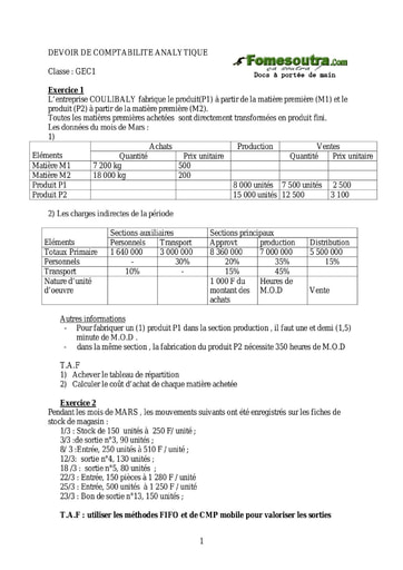 Devoir (7) - Comptabilité Analytique