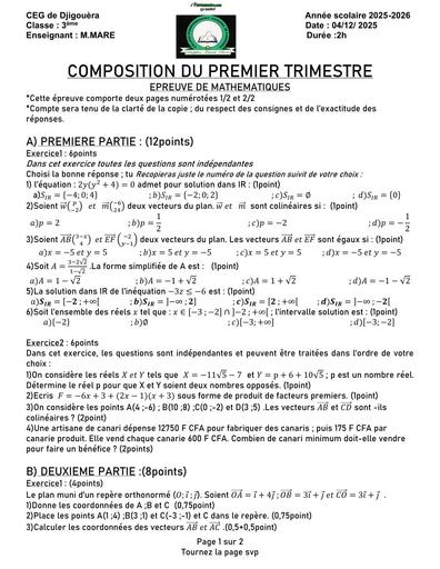 Composition de Maths 3ème du 1er trimestre By Tehua