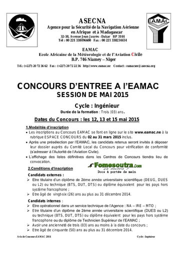 Avis de Concours EAMAC session mai 2015 – Cycle Ingénieur