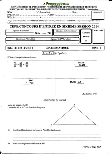 Sujet de Mathematique CEPE 2014 zone 1