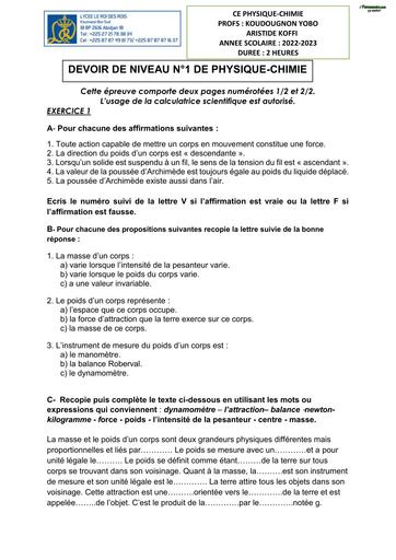 DEVOIR DE NIVEAU PC 3ième LYCEE LE ROI DES ROIS BY TEHUA