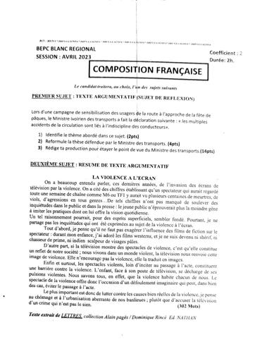 FRANÇAIS BEPC blanc composition Fr sujet+barème Dren Gagnoa by Tehua