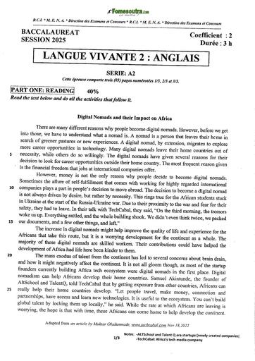 BAC 2025 Côte d'Ivoire SUJET+ BAREME LV2 ANGLAIS SERIE A2 BY TEHUA