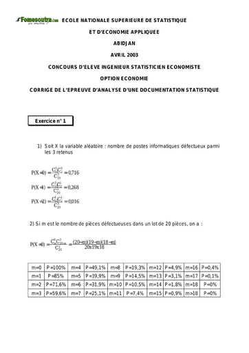 Corrigé Analyse d'une documentation statistique ISE option économie 2003 (ENSEA)