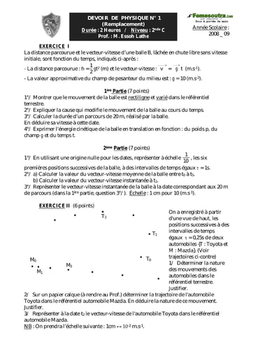 Devoir (2) de Physique 2nde C - EMPT Bingerville