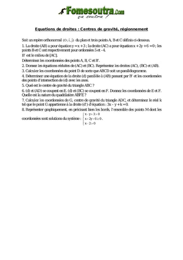 Equations de droites: Centre de gravité, régionnement - Maths niveau 2nd C