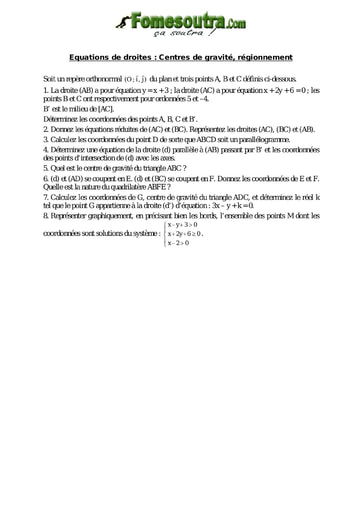 Equations de droites: Centre de gravité, régionnement - Maths niveau 2nd C