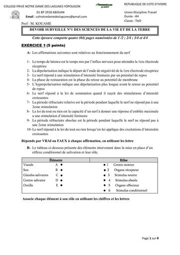 SUJET Tle D devoir SVT terminale D reflexe + tissu nerveux by TEHUA CNDL DE YOP BY TEHUA