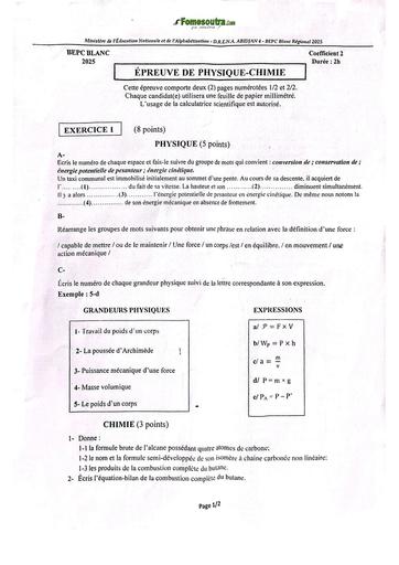 BEPC Blanc Régional 2025 – Physique Chimie – DRENA Abidjan 4 – Sujet & Corrigé BY TEHUA