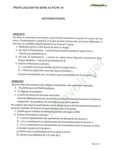 PREPA BAC 2025 MATHS SERIE A2 SUJET 18 PROBA BY TEHUA