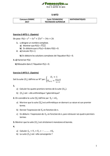 Sujet de Maths Concours EAMAC cycle Technicien Supérieur et Technicien session 2017