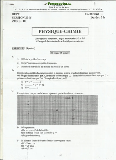 Sujet corrigé et barème de Physique Chimie BEPC 2016 zone 3