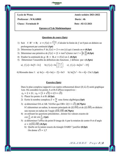 DEVOIR DE maths 2 NIVEAU Tle D LYCEE DE WONA 2022 BY TEHUA