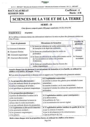 BAC 2026 SVT série D sujet+ barème Ci By TEHUA