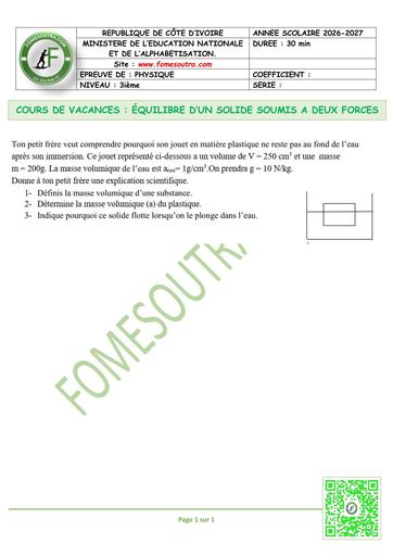 FICHE 4 PC 3ième L3 ÉQUILIBRE D’UN SOLIDE SOUMIS A DEUX FORCES by TEHUA