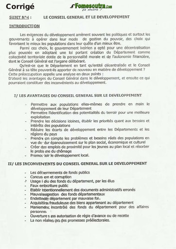 Sujet Corrigé de Dissertation: Le conseil Général et le développement