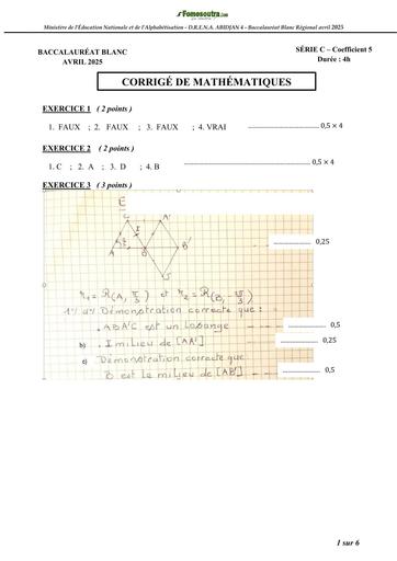 BAC BLANC REGIONAL 2025 DREN ABIDJAN 4 MATHS SERIE C BAREME by TEHUA