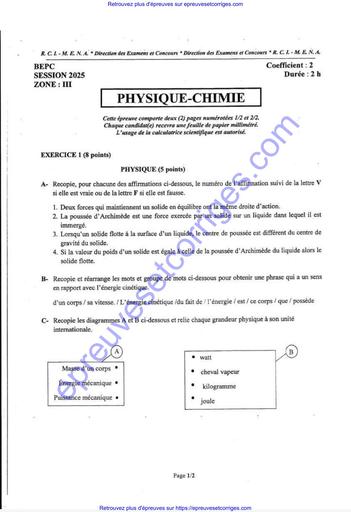 Preuve et Corrigé de Physique Chimie – BEPC Session 2025 Zone 3