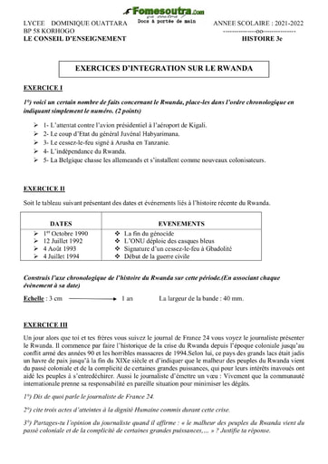 Exercices d’intégration d'Histoire sur le Rwanda niveau 3eme- Lycée Dominique Ouattara Korhogo