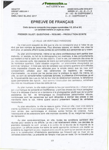 Sujet de Français BAC blanc 2017 série A1-A2-B-C-D Lycée Classique d'Abidjan (DRENET Abidjan 1)