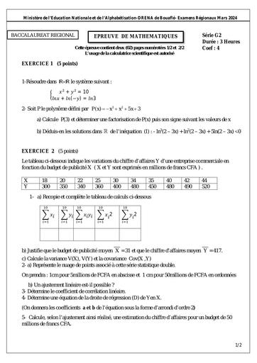 Bac blanc 2024 sujet Maths Série G2 dren bouaflé by Tehua