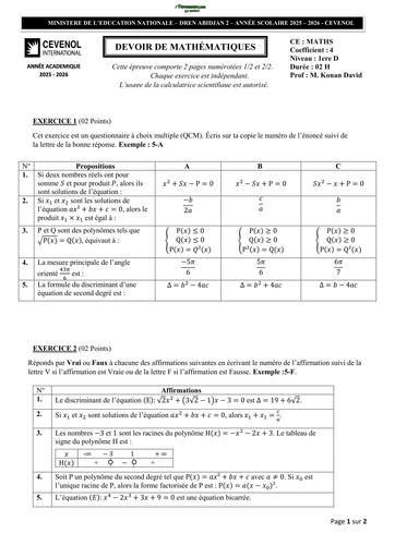 DEVOIR DE Maths NIVEAU 1ière D 25 26 Trimestre 1 Cevenol by TEHUA