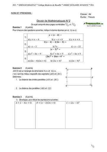 Devoir de Maths niveau 4eme - Collège Moderne de Bouaflé