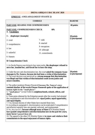 Barème BAC BLANC 2024 dren Abidjan 1 LV2 ANGLAIS by Tehua