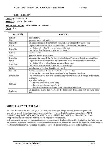 FICHE DE COURS CHIMIE Tle D L2  ACIDE FORT   BASE FORTE