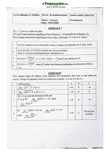 Sujets de Maths Tle D classique 2020