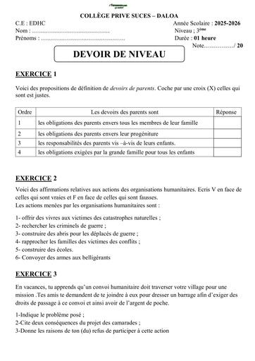 Sujet 3ième DEVOIR EDHC 3ème Collège privé Succès de Daloa By Tehua