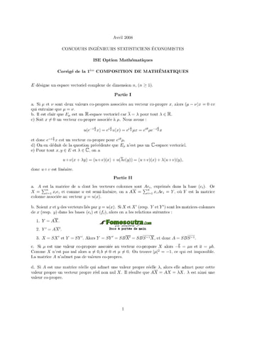 Corrigé Sujet 1ère épreuve de maths ISE option maths 2008 (ENSEA - ISSEA - ENSAE)