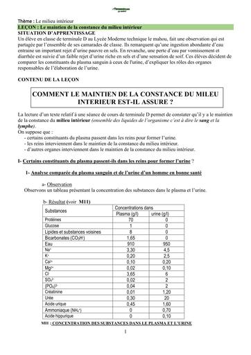 COMMENT LE MAINTIEN DE LA CONSTANCE DU MILEU INTERIEUR EST IL ASSURE ( 2023 2024 + schemas) Tle D BY TEHUA