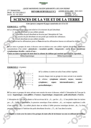 DEVOIR SVT NIVEAU 2nde C MARS 2023 BY TEHUA
