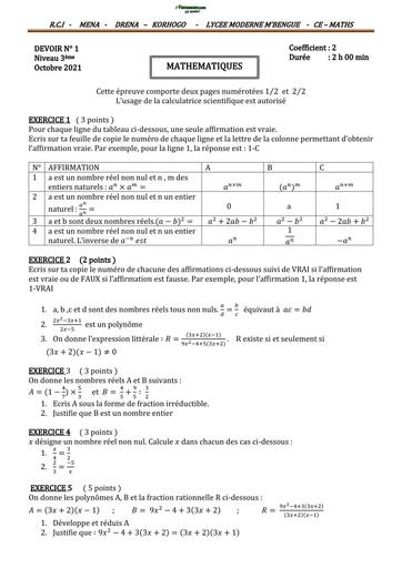 DEVOIR DE MATHS NIVEAU 3ième octobre 2021 KORHOGO BY TEHUA
