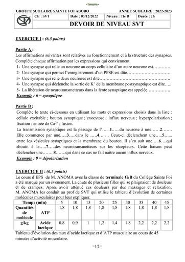 Devoir SVT Groupe scolaire Sainte Foi Terminale D 2023