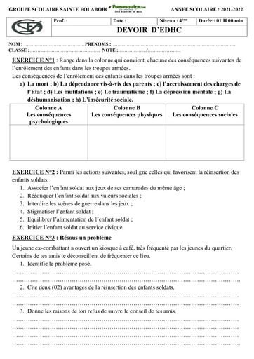 Devoir EDHC 4ème Groupe Scolaire Sainte Foi