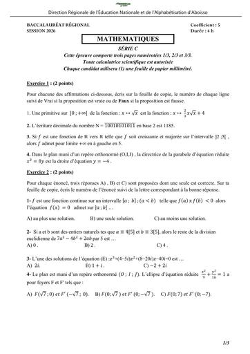 BAC BLANC 2026 DRENA ABOISSO SUJET MATHS SERIE C (SUJET) by TEHUA