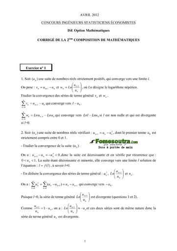 Corrigé 2ème épreuve de maths ISE option maths 2012 (ENSEA - ISSEA - ENSAE)
