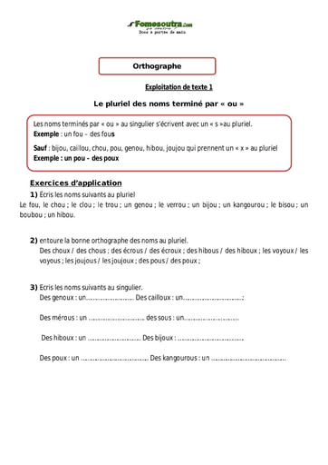 Le pluriel des noms terminé par « ou » - Cours CM1