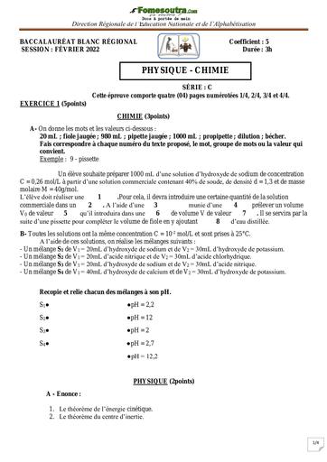 Sujet de Physique-Chimie BAC blanc régional 2022 série C DREN Korhogo