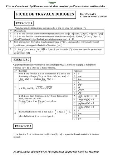 Fiche Travaux Dirigés MATHS Tle D (LIMITES ET CONTINUITES) by TEHUA
