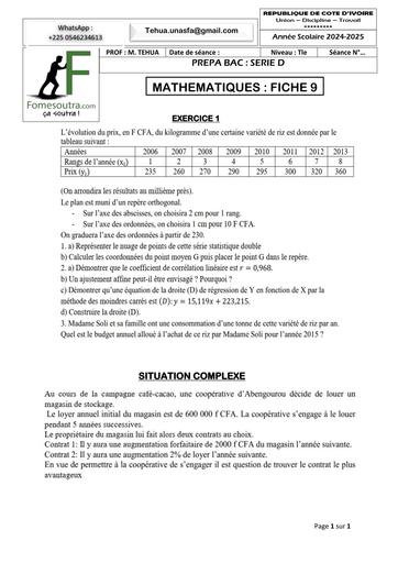 PREPA BAC 2025 SERIE D MATHS FICHE 9 BY TEHUA